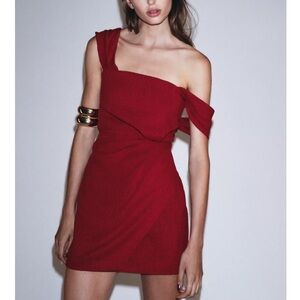 Zara NWT cherry red asymmetrical ruched mini dress